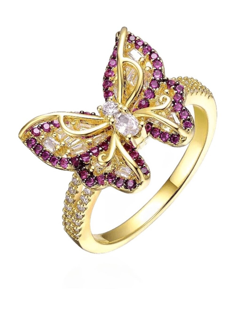 Rachel Glauber -Unique 14K Gold Plated CZ Butterfly Chic Split Top Ring